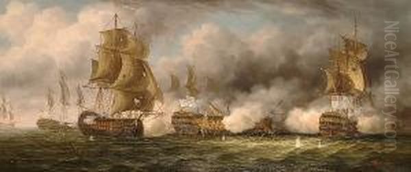 A Naval Engagement Oil Painting by James Hardy