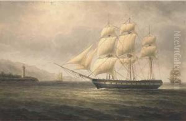 Warships Off The Coast Oil Painting by James Hardy