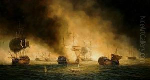 A Battle At Sea Oil Painting by James Hardy