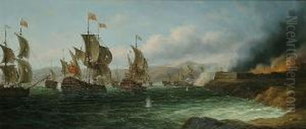 A Naval Battle Off The Coast Oil Painting by James Hardy