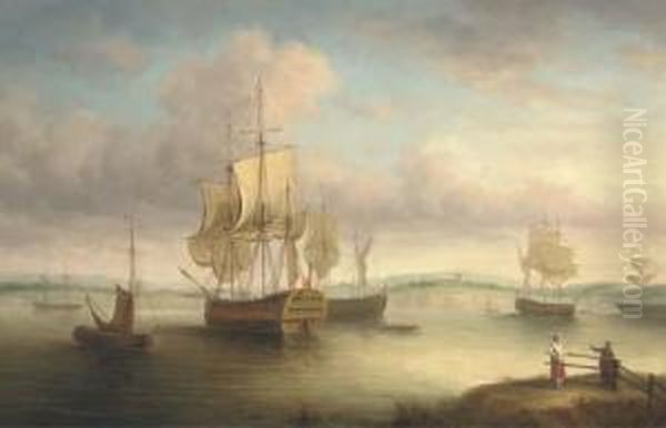 Ships At Anchor In An Estuary Oil Painting by James Hardy