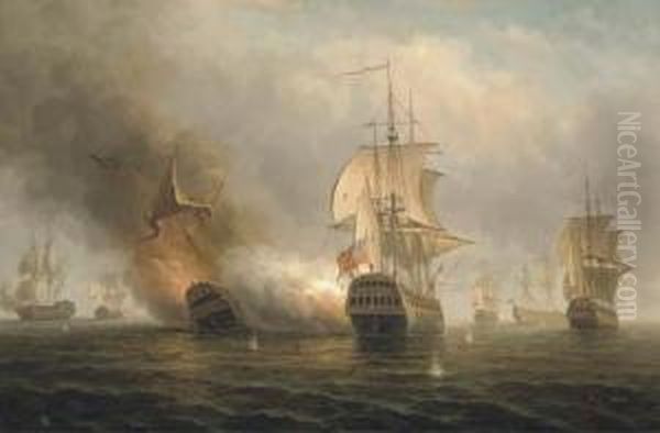 A Naval Engagement Oil Painting by James Hardy