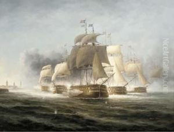 A Naval Engagement Off The Dutch Coast Oil Painting by James Hardy