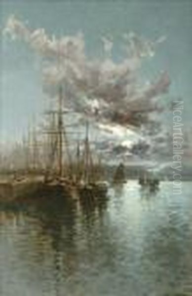 Moonlit Harbour Withmoored Vessels Oil Painting by Julius Hare