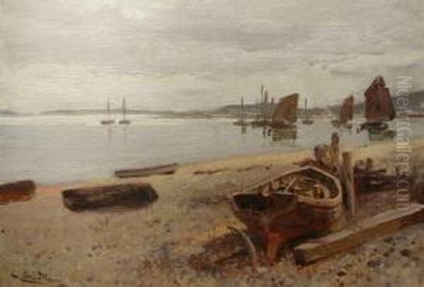 Fishing Boats In An Estuary Oil Painting by Julius Hare