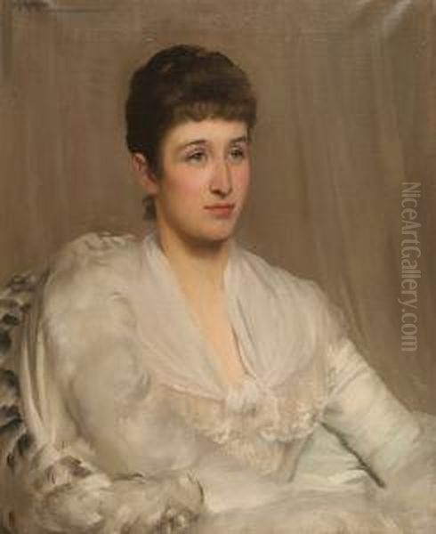 Portrait Of A Young Lady, Half 
Length, Her Dark Hair Pulled Back And Wearing A White Gauze Gown And 
Feather Boa Oil Painting by Saint George Hare