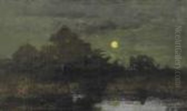 Lever De Lune Sur Un Marais En Sologne Oil Painting by Ernest Hareux