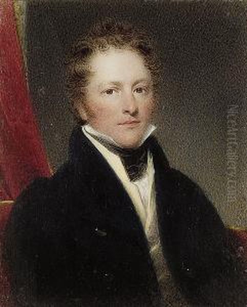 A Gentleman, Seated In A Red 
Upholstered Chair, Wearing Black Coat, Cream Waistcoat, White Chemise 
And Black Stock, Red Curtain Background Oil Painting by Thomas Hargreaves