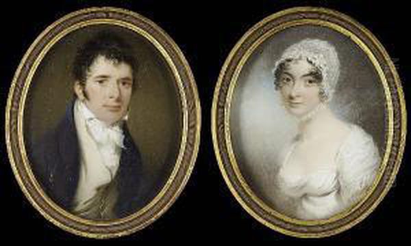 A Pair Of Portraits Of A Lady 
And Gentleman, Probably Of The Leigh Family: She, Wearing White Dress 
And Lace Bonnet Adorned With White Flower Tied Beneath Her Chin; He, 
Wearing Blue Coat, Cream Waistcoat, Tied White Stock And Frilled Cravat Oil Painting by Thomas Hargreaves