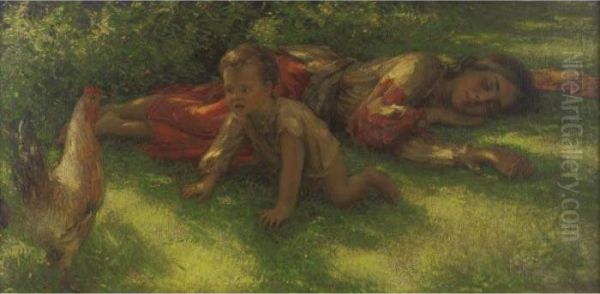 Sleeping Gypsy Woman With Baby And Rooster Oil Painting by Nicholas Basil Haritonoff