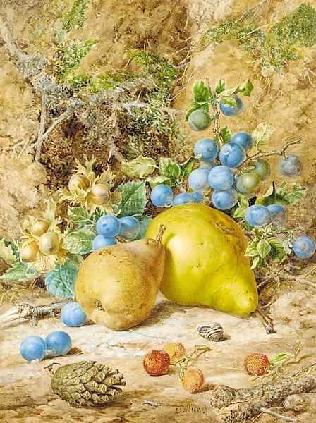 Still-life of pears, damson, beech nuts and horse chestnuts on a bank Oil Painting by Thomas Collier