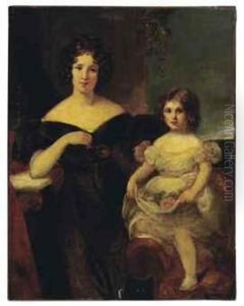 Portrait Of Lady Barrow And Her Daughter Oil Painting by George Henry Harlow