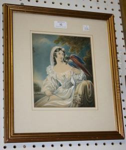 A Younglady Wearing A White Dress And Holding A Parrot Oil Painting by George Henry Harlow