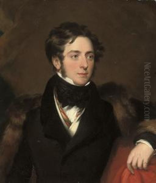 Portrait Of A Gentleman 
Traditionally Identified As Sir Henry Blackwood, Half-length, In A Black
 Coat With A Fur Wrap Oil Painting by George Henry Harlow