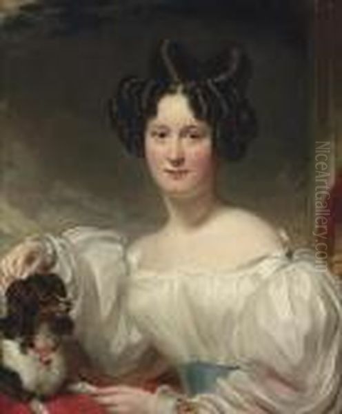 Portrait Of Mary Aston Walker, 
Nee Hoggart (b.1809), Half-length,in A White Dress, With A King Charles 
Spaniel Oil Painting by George Henry Harlow