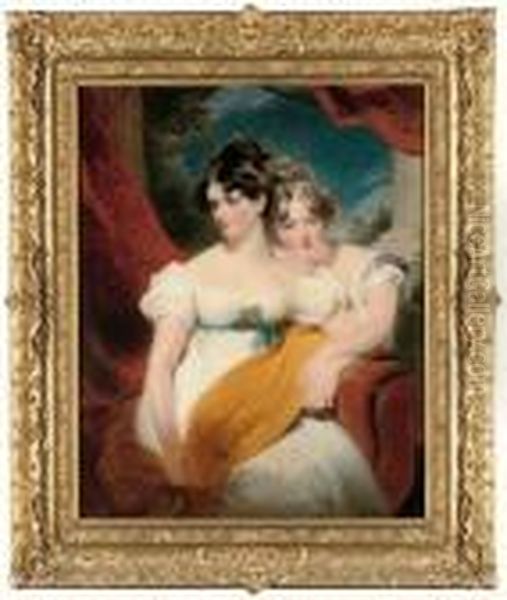 Double Portrait Of Marianne Anna
 Maria Gooch (d. 1855) And Charlotte Matilda Gooch (d. 1852), 
Three-quarter-length, One Seated In A White Dress With A Blue Sash And A
 Yellow Shawl Across Her Lap, The Other Kneeling Beside In A White 
Dress, A Red C Oil Painting by George Henry Harlow