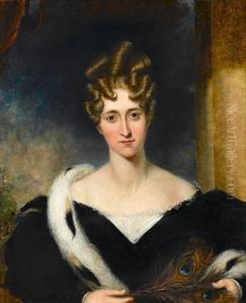 Portrait Of A Lady, Half-length, In Black Dress And Holding A Peacock Feather Oil Painting by George Henry Harlow