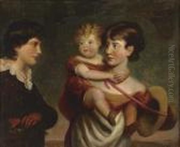 Portrait Of A Girl Carrying A Child And A Boy Oil Painting by George Henry Harlow