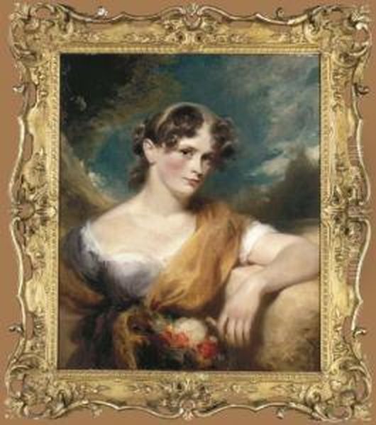 Portrait Of Miss Caroline Hopwood, Half-length, In A Purple Andwhite Dress Oil Painting by George Henry Harlow