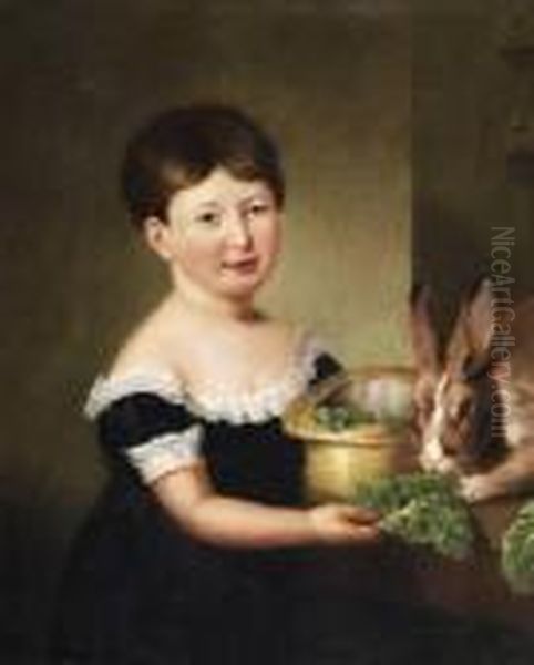 George Henry Harlow . Child And Rabbit Oil Painting by George Henry Harlow