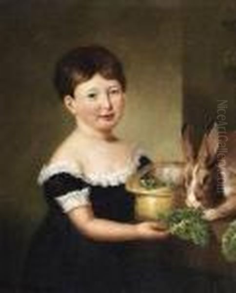 Child Feeding A Rabbit Lettuce Oil Painting by George Henry Harlow