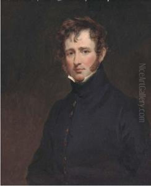 Portrait Of A Gentleman, Half-length, In A Black Coat And Whitecollar Oil Painting by George Henry Harlow