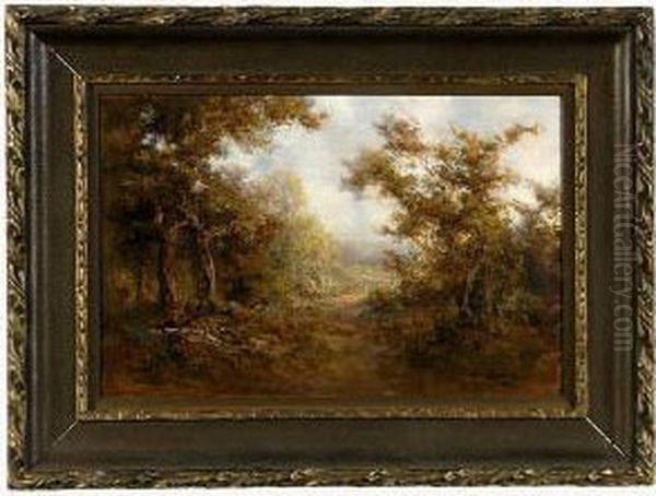 Wooded Landscape With Path. Oil Painting by Charles Henry Harmon