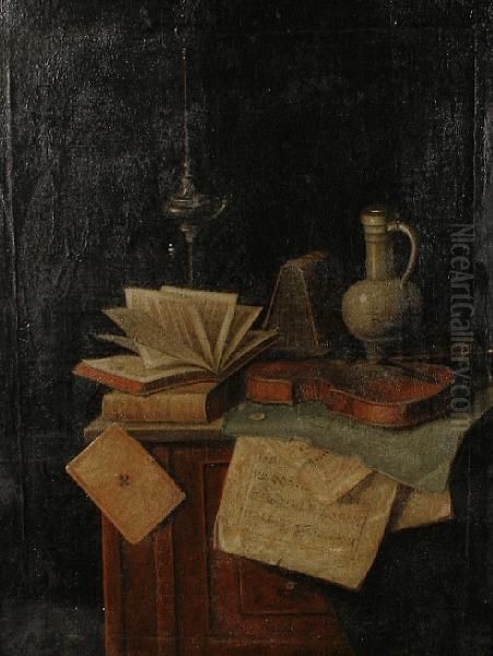 Still Life Of Violin And Books Oil Painting by William Michael Harnett