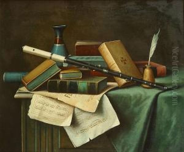 Stilleven Met Fluit En Boeken Oil Painting by William Michael Harnett