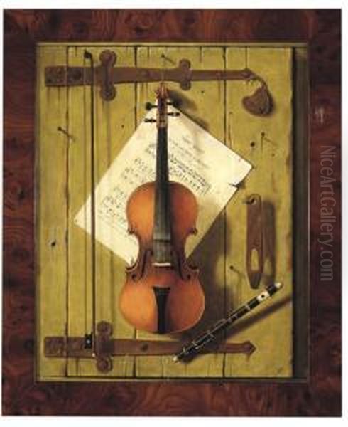 Trompe L'oeil
 With A Violin And Bow, A Piccolo, A Sheet Of Music And Other Objects Pinned To A Wooden Door Oil Painting by William Michael Harnett