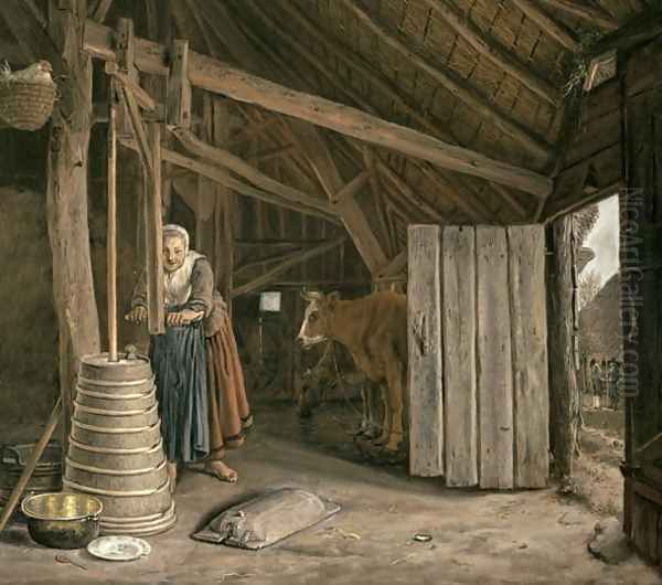 Barn Interior with a Maid Churning Butter Oil Painting by Govert Dircksz. Camphuysen