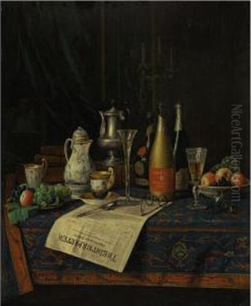 Still Life With Newspaper And Champagne by William Michael Harnett