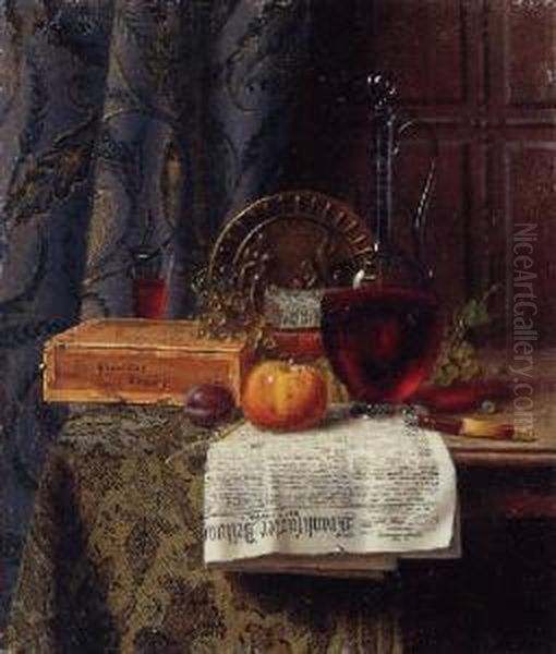 Still Life With Decanter And Frankfurter Zeitung Oil Painting by William Michael Harnett