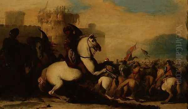 A Cavalry Engagement Outside a Fort Oil Painting by Giacomo Cortese (see COURTOIS, Jacques)