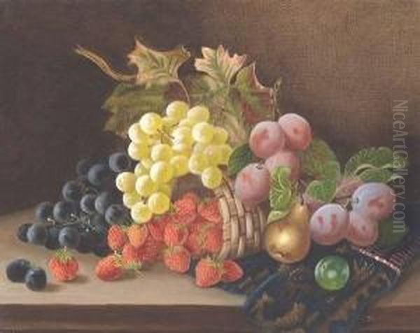 Grapes, Strawberries And Pears Tumbling From A Basket Oil Painting by Thomas Harper