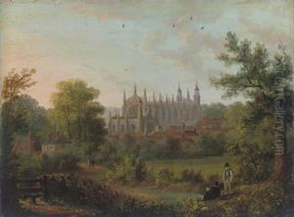 A View Of King's College, Cambridge From The River Cam, With Figures On The Bank Oil Painting by Richard Bankes Harraden