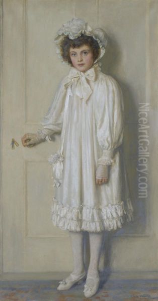 The Girl In White, Portrait Of Beatrice Harrison Aged Twelve Oil Painting by Edwin Harris