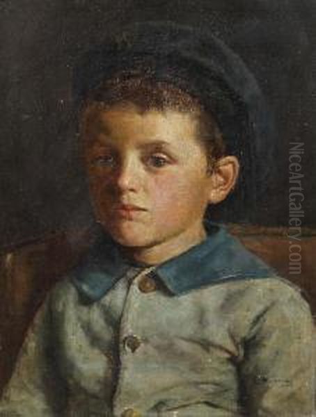 Portrait Of A Young Boy, Bust Length, In A Blue Jacket And Cap Oil Painting by Edwin Harris