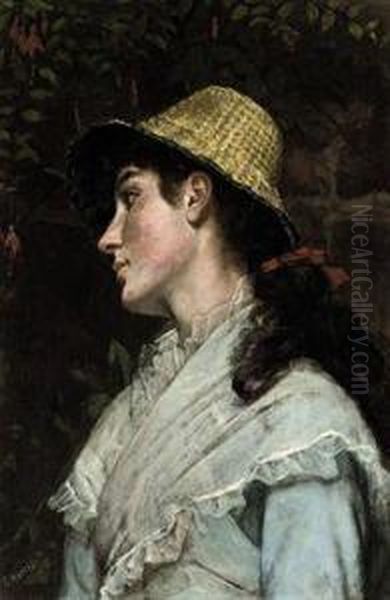 Portrait Of A Girl, Bust-length,
 In A Pale Blue Dress With Achiffon Shawl, Wearing A Straw Hat Oil Painting by Edwin Harris