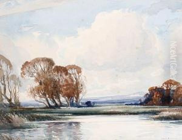 River Landscape With Autumnal Trees Oil Painting by Edwin Harris