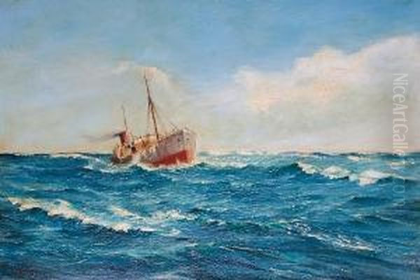 Trawler At Sea In A Swell Oil Painting by Edwin Harris