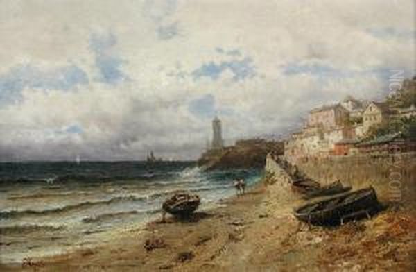 View Of A Lighthouse With A Village Beyond Oil Painting by Edwin Harris