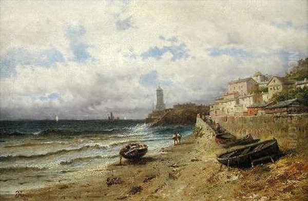 Viewof A Lighthouse With A Village Beyond Oil Painting by Edwin Harris