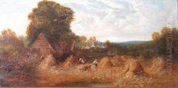 Figures In A Field At Harvest Time With Village In The Distance Oil Painting by Henry Harris