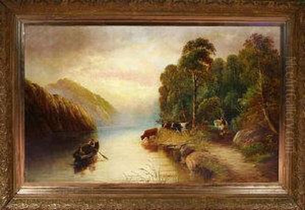 A Rowing Boat On A River With A Farmer Watering Cattle At The Nearby Bank Oil Painting by Henry Harris