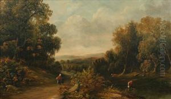 Figures On A Pathbeside A Wooded Stream Oil Painting by Henry Harris