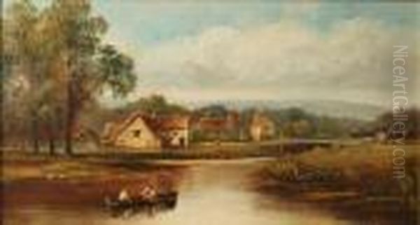 A River Landscapewith Cottages Oil Painting by Henry Harris