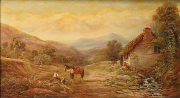 'north Wales',figures With A Horse By A Cottage Oil Painting by Henry Harris