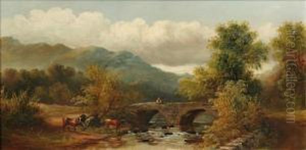 Cattle By A Stonebridge, Probably North Wales Oil Painting by Henry Harris