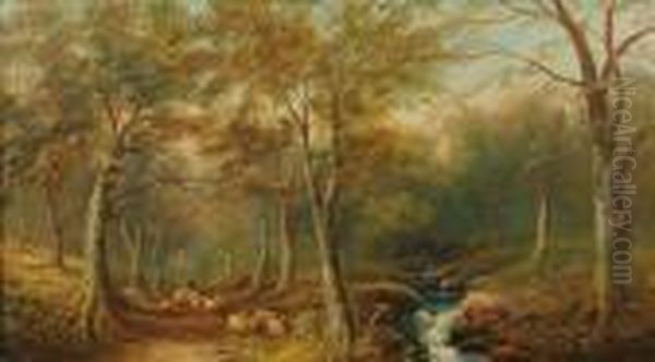 Figure Driving Sheepon A Woodland Path Oil Painting by Henry Harris